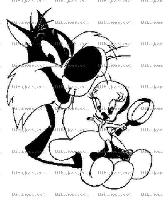 Dibujo para colorear Colorear A Silvestre Y A Piolin En Su Mano