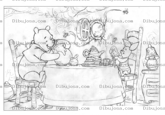 Dibujo para colorear Pintar a Winniepooh comiendo miel con pigglet