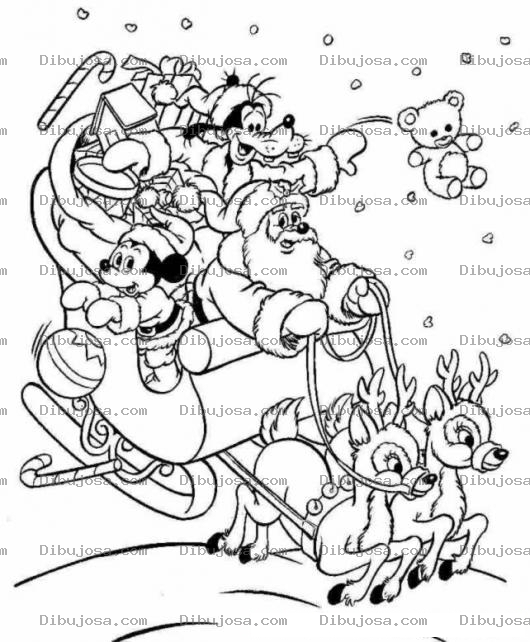 Dibujo para colorear Clorear A Santa Claus Con Mickey Mouse Y Pluto Repartiendo Juguetes Desde Su Trineo