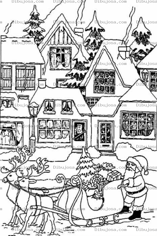 Dibujo para colorear Colorear A Santa Aterrizando Frente A Una Casa