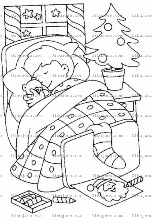 Dibujo para colorear Colorear Chiquillo Durmiendo Abrazando A Su Osito Y Con Un Dibujo De Santa Claus