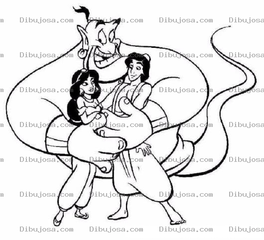 Dibujo para colorear Colorear Al Genio De Los Deseos Abrazando A Jazmin Y Aladino